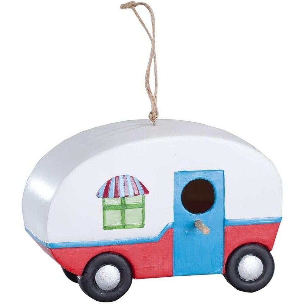 Glamper Camper Trailer Birdhouse Hanging Tabletop Resin Red White Blue Retro